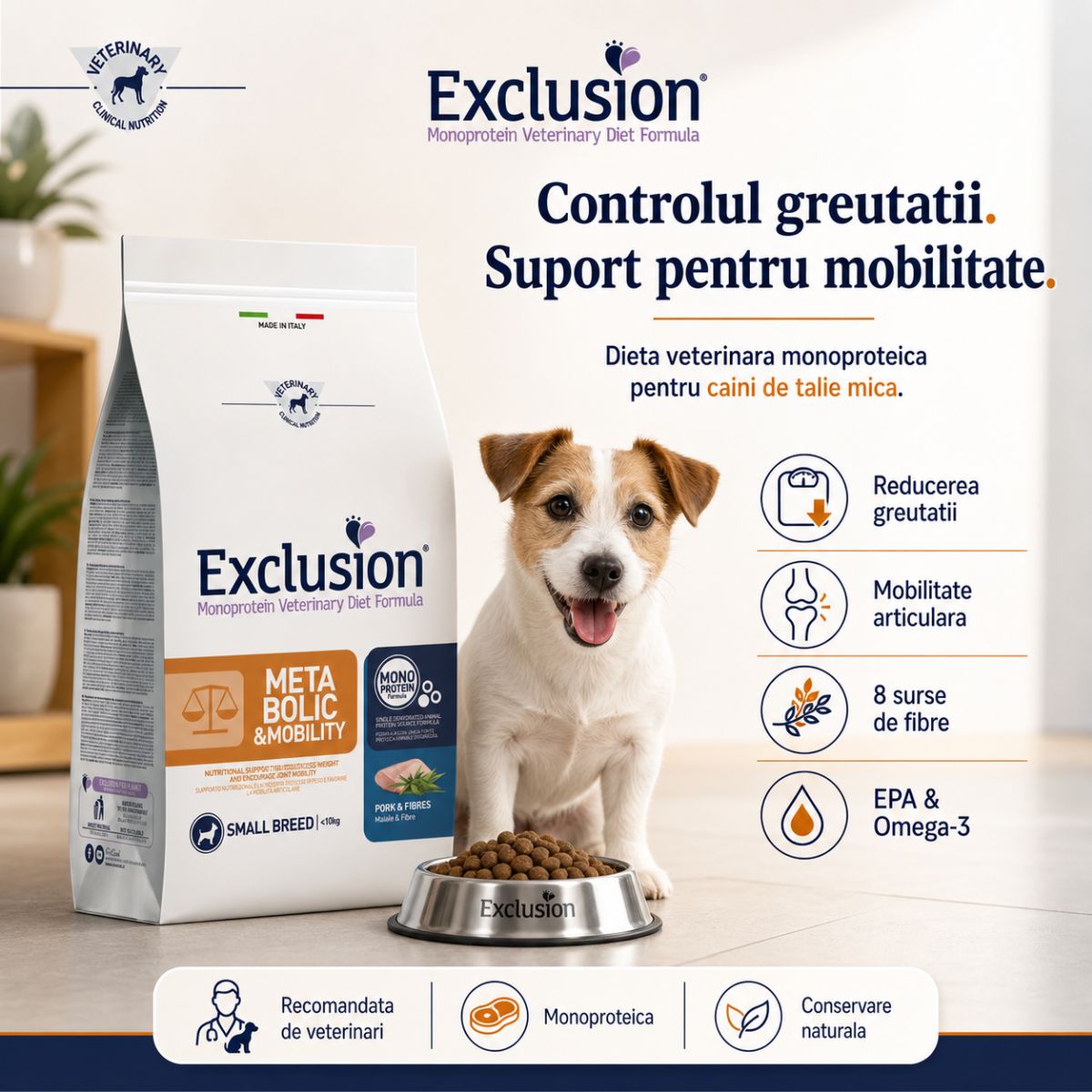 EXCLUSION Monoprotein VD Metabolic & Mobility Small, XS-S, Porc și Fibre, dietă veterinară, hrană uscată câini, obezitate, sistem articular, 2kg - imagine 4